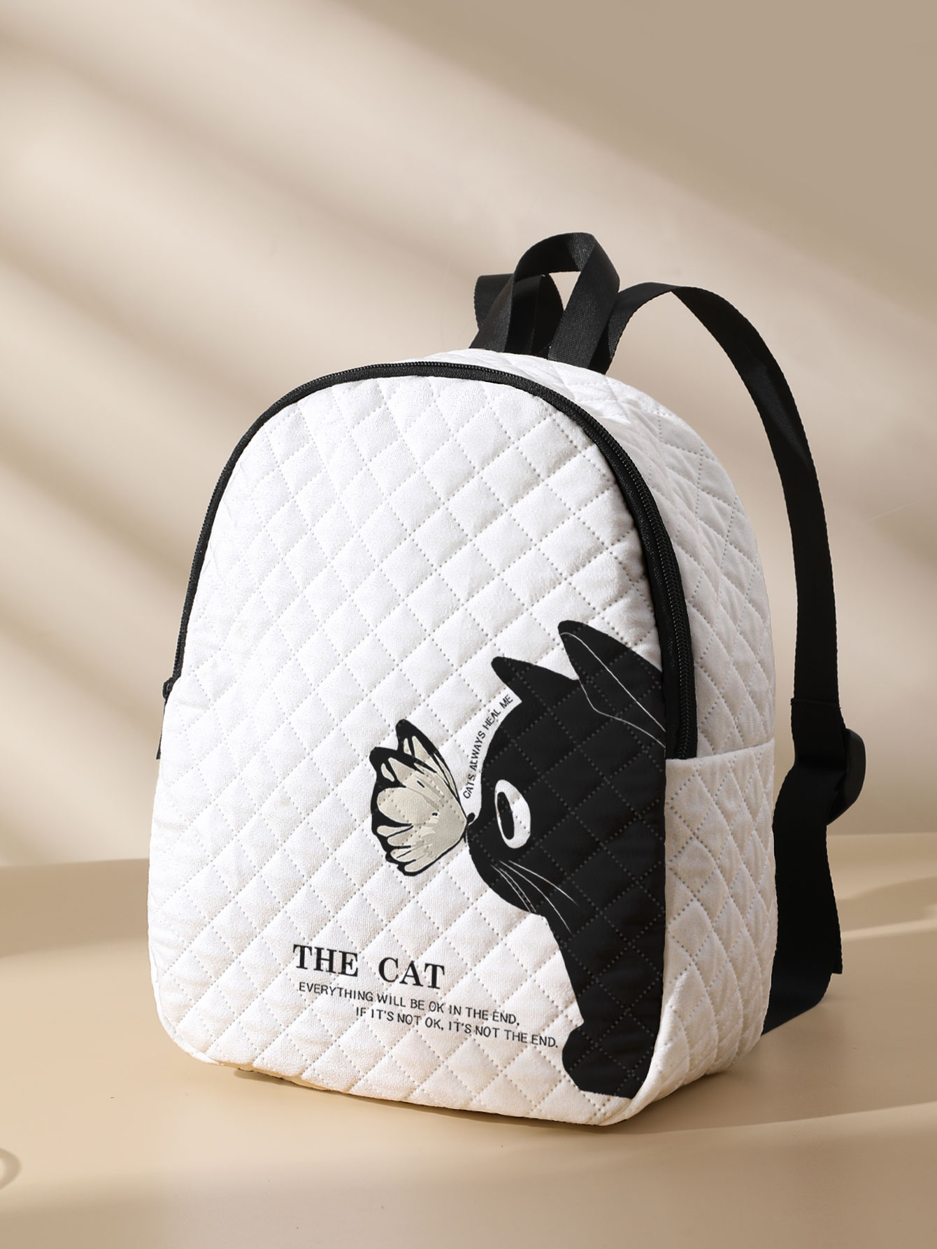 Mini Backpack Purse - Black Cat Butterfly Print Quilted Compact